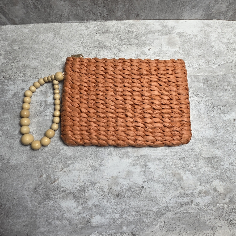 A New Day Brand Terra Cotta Clutch Wristlet Purse with Ivory Wooden Bead Handle